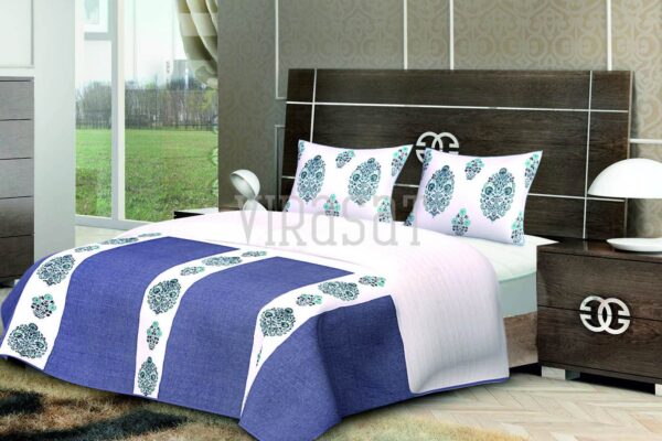 Blue-With-White-Flower-Print-Velvet-Double-Quilt-With-Two-Pillow-Covers