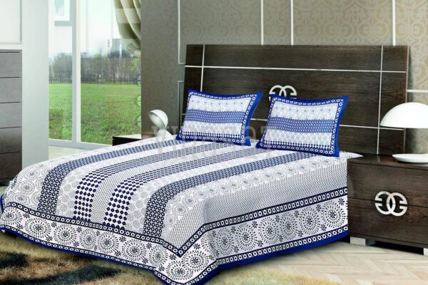 Blue shades with white Base Floral Print Double Bed Sheet with Two Pillow Covers