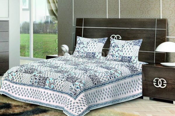 Blue with White Base Floral Print Double Bed Sheet with Two Pillow Covers
