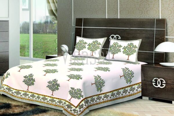 Floral Printed tree with white Base Double Bed Sheet with Two Pillow Covers