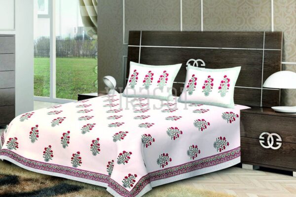 Floral White Base Print Double Bed Sheet with Two Pillow Covers