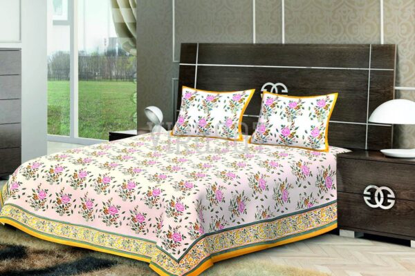 Floral Yellow with white Base Floral Print Double Bed Sheet with Two Pillow Covers