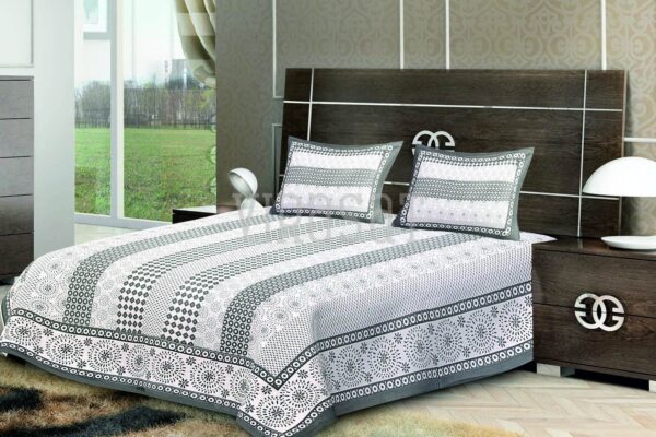 Grey with white Base Floral Print Double Bed Sheet with Two Pillow Covers