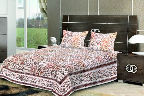 Light Brown with White Base Floral Print Double Bed Sheet with Two Pillow Covers