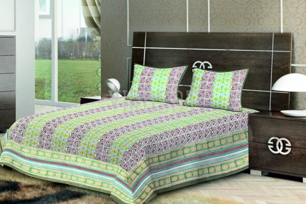 Multicolor Printed with Grey Base Double Bed Sheet with Two Pillow Covers