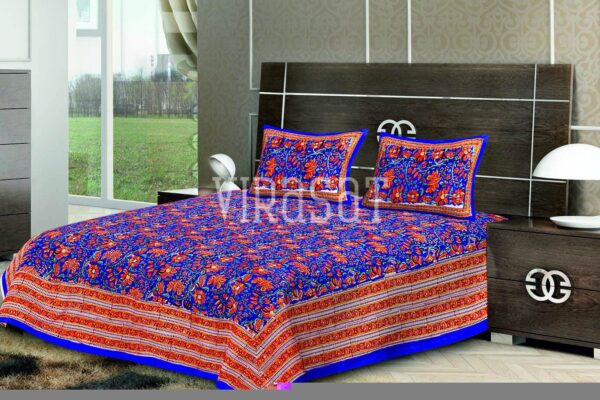 Orange with Red Base Floral Print Double Bed Sheet with Two Pillow Covers