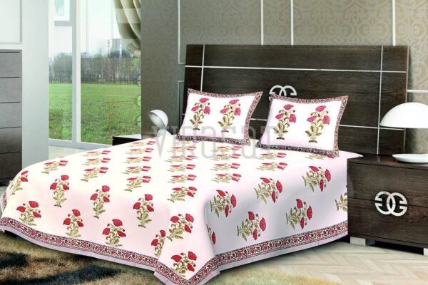 Red Rose Printed Floral with white Base Double Bed Sheet with Two Pillow Covers