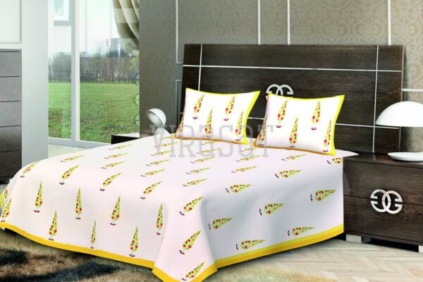 Yellow Printed Floral with white Base Double Bed Sheet with Two Pillow Covers